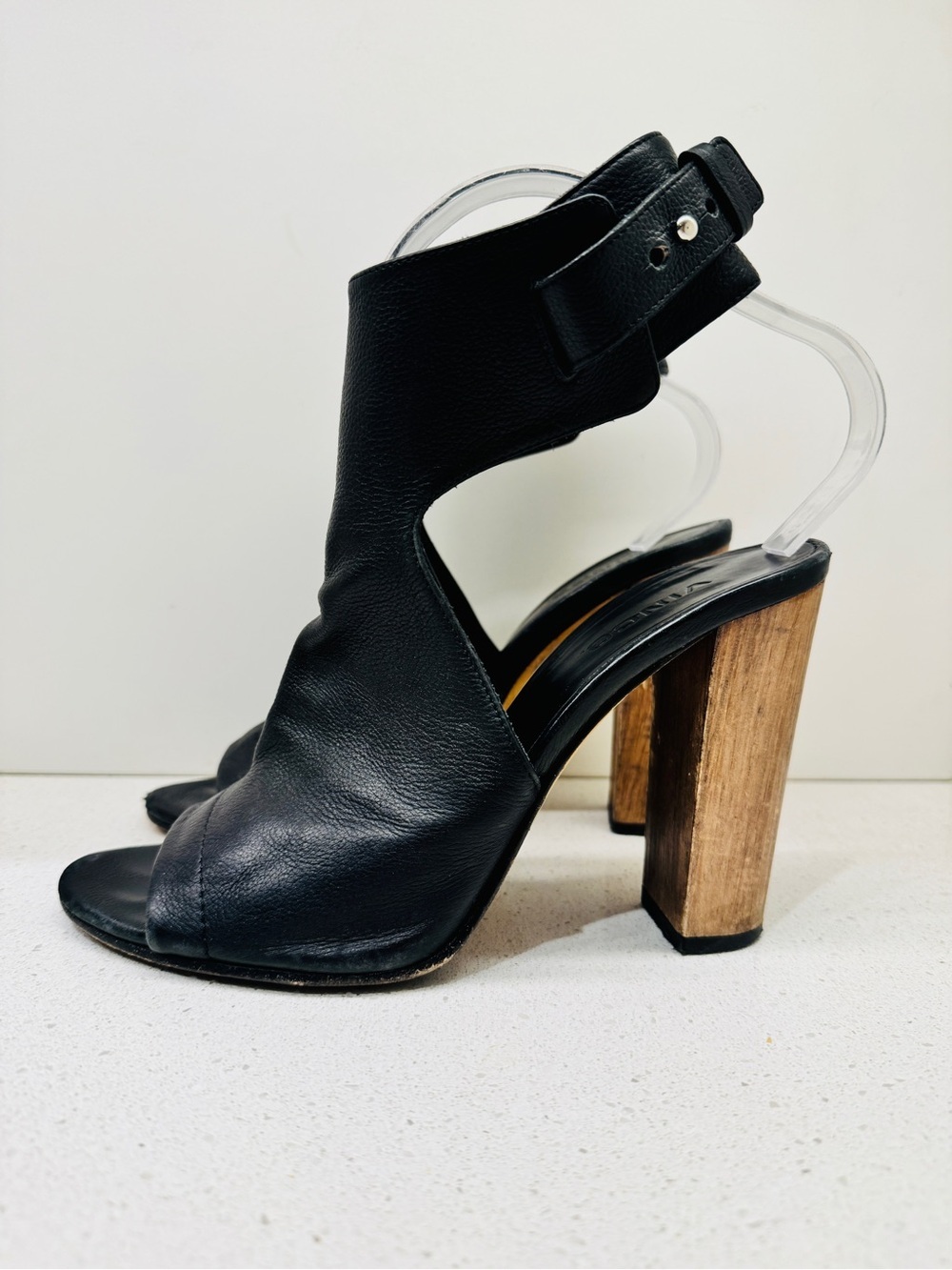 Vince Addie Heels Shoes Black Wood Sandal Peep Toe Leather Block Heel Sz 8.5 M